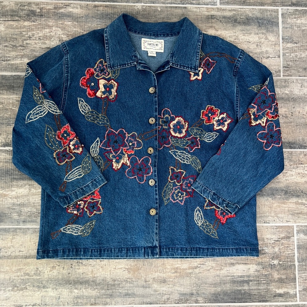 90s Tantrums Denim Jacket Womens 2X Blue Floral Embroidered Sequin Beaded Retro